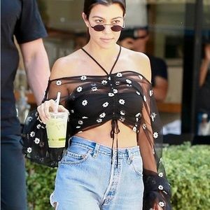 Alice McCall daisy long sleeve sheer crop top seen on kourtney kardashian